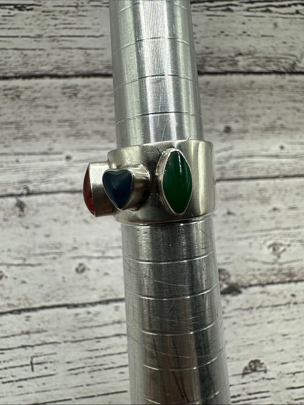 Taxco Silver Band Ring with Red, Blue and Green Accents
